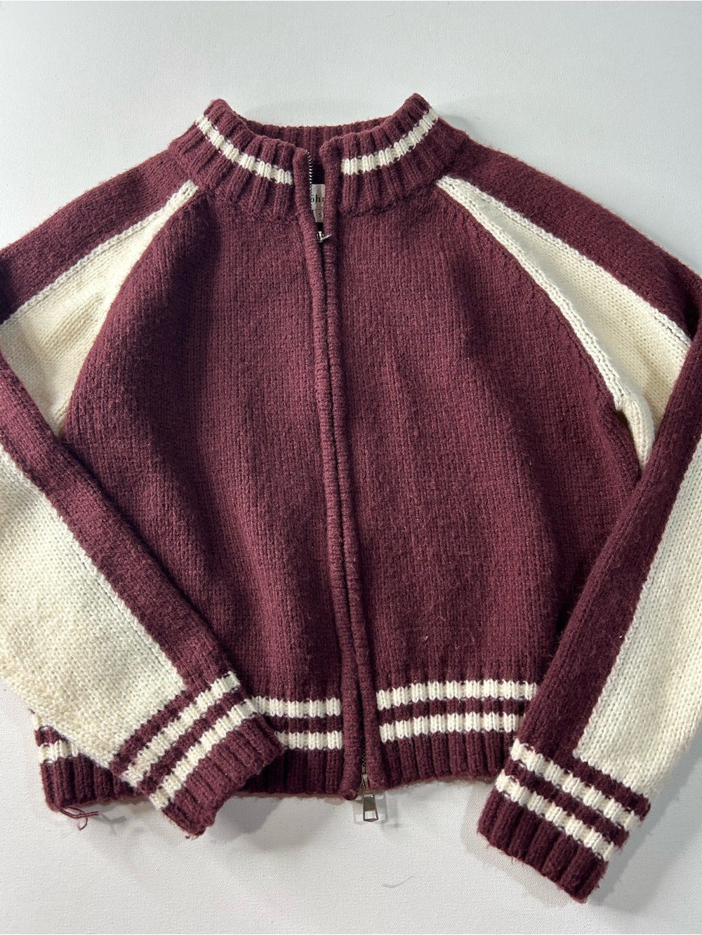 bohme Burgundy and Cream Zip-Front Chunky Knit Sweater
